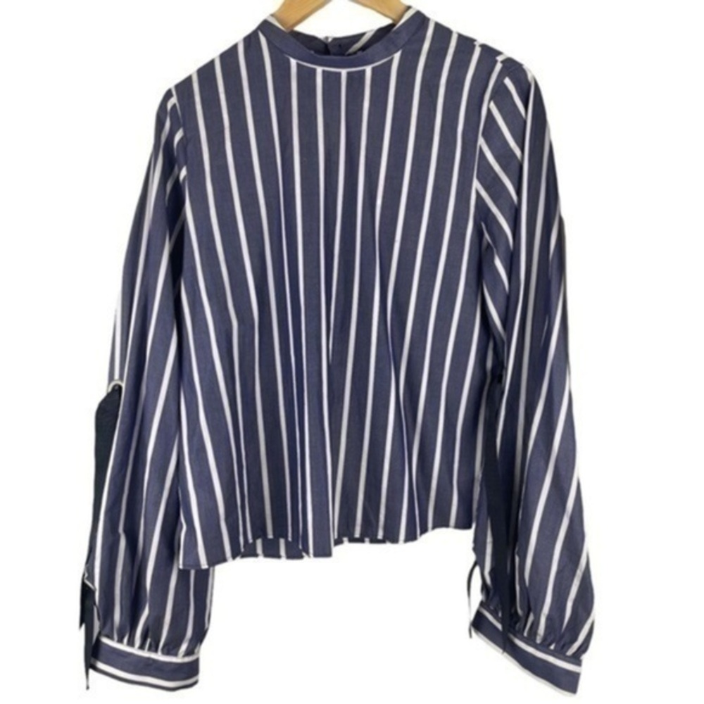 Zara Basic Z1975 Denim Blue and White Striped Ribbon Tie Sleeves Top Large NWT